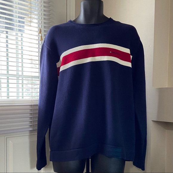 Tommy Hilfiger men blue, red, white 100% cotton, crew neck sweater. Size L. Used - Picture 6 of 11